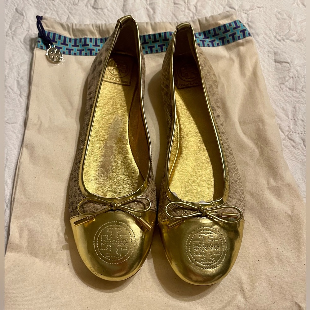 Tory Burch VERBENA Ballerina Flat Snake Ballet Shoe Gold  Size 12 with Dust Bag.